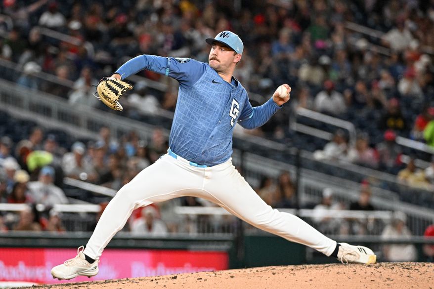 Washington Nationals starting pitcher Mitchell Parker (70) throwing a pitch during the fifth inning of an MLB game against the Tampa Bay Rays at Nationals Park in Washington D.C., August 29, 2025. (Photo by All-Pro Reels for Washington Times Sports)