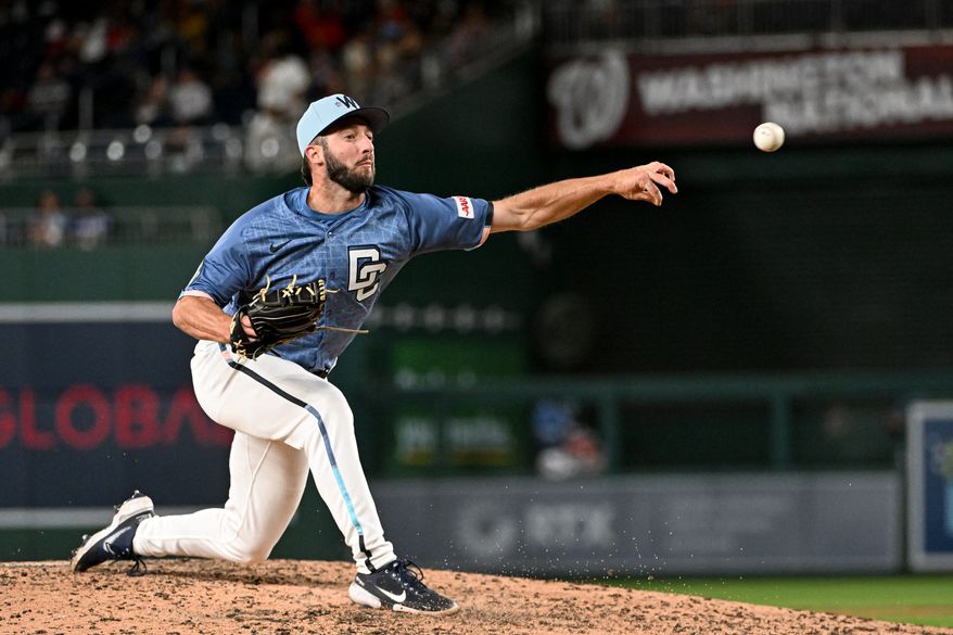 Washington Nationals relief pitcher PJ Poulin (50) throwing a pitch during the ninth inning of an MLB game against the Tampa Bay Rays at Nationals Park in Washington D.C., August 29, 2025. (Photo by All-Pro Reels for Washington Times Sports)