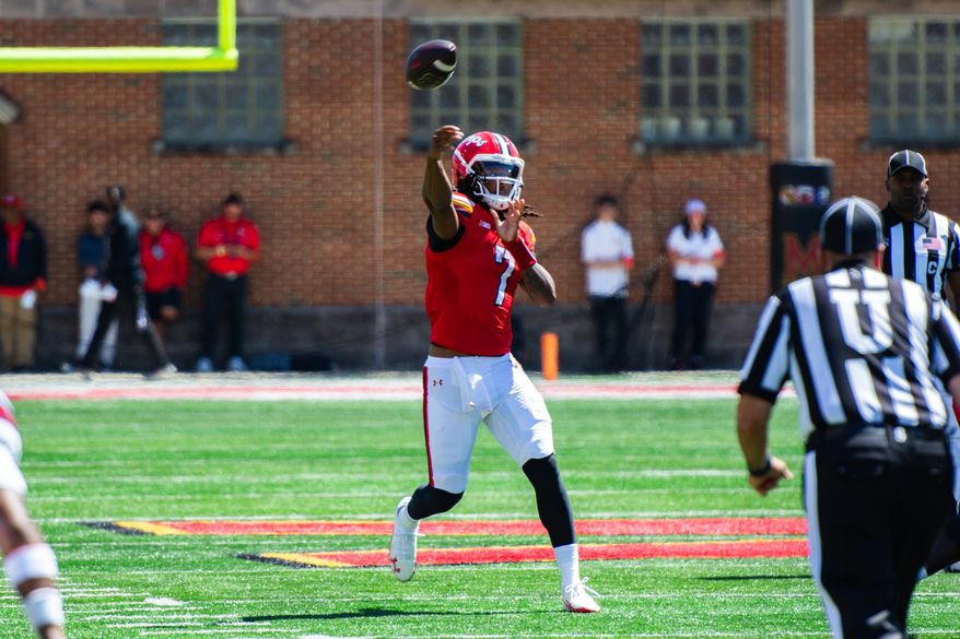 Maryland quarterback Malik Washington completes a touchdown pass to receiver Kaleb Webb in a game against Florida Atlantic, Saturday, Aug. 30, 2025, in College Park, Maryland. (Neil Dalal/All-Pro Reels).