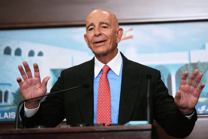 U.S. Ambassador to Turkey and Special Envoy to Syria Tom Barrack speaks during a press conference after he and other U.S. senators met with the Lebanese President Joseph Aoun, at the presidential palace in Baabda, east of Beirut, Lebanon, Aug. 26, 2025. (AP Photo/Hussein Malla, File)