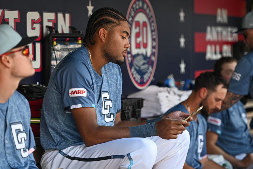 Washington Nationals designated hitter James Wood (29) in the dugout during the fourth inning of an MLB game against the Tampa Bay Rays at Nationals Park in Washington D.C., August 30, 2025. (Photo by All-Pro Reels for Washington Times Sports)