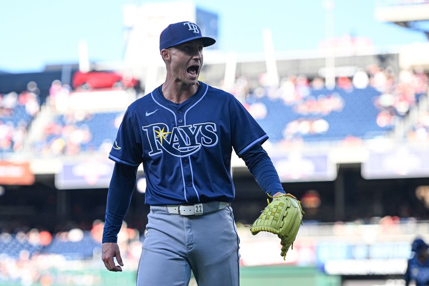 Tampa Bay Rays relief pitcher Griffin Jax (22) heading towards the dugout after getting Washington Nationals catcher Riley Adams (15) to ground out to end the eighth inning of an MLB game at Nationals Park in Washington D.C., August 30, 2025. (Photo by All-Pro Reels for Washington Times Sports)