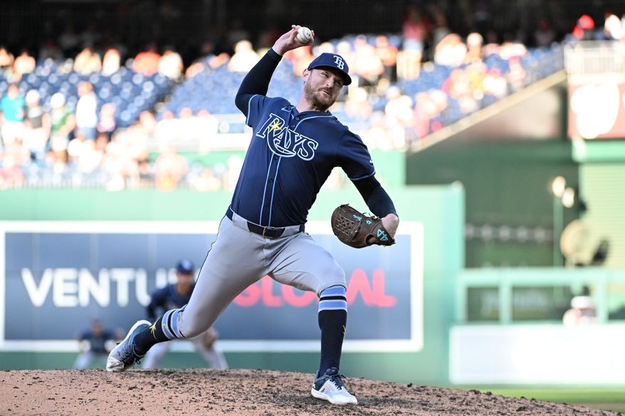 Tampa Bay Rays relief pitcher Bryan Baker (47) throwing a pitch during the ninth inning of an MLB game against the Washington Nationals at Nationals Park in Washington D.C., August 30, 2025. (Photo by All-Pro Reels for Washington Times Sports)