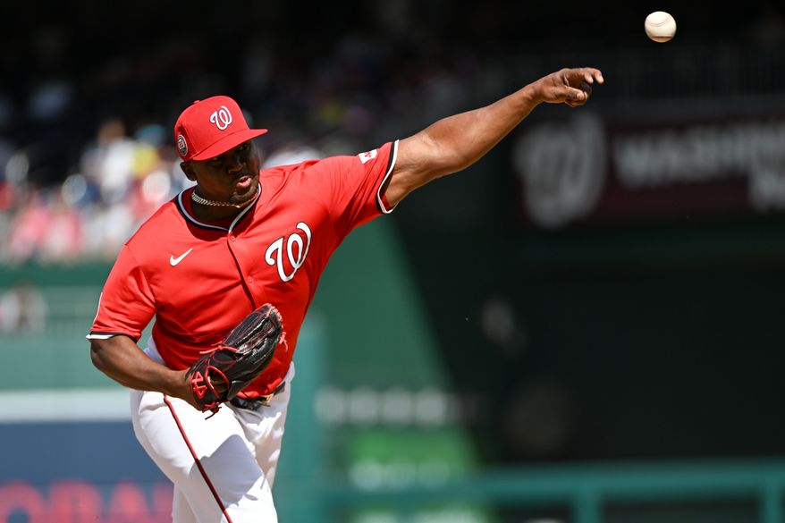 Washington Nationals relief pitcher Jose Ferrer (47) throwing a pitch during the eighth inning of an MLB game against the Tampa Bay Rays at Nationals Park in Washington D.C., August 31, 2025. (Photo by All-Pro Reels for Washington Times Sports)