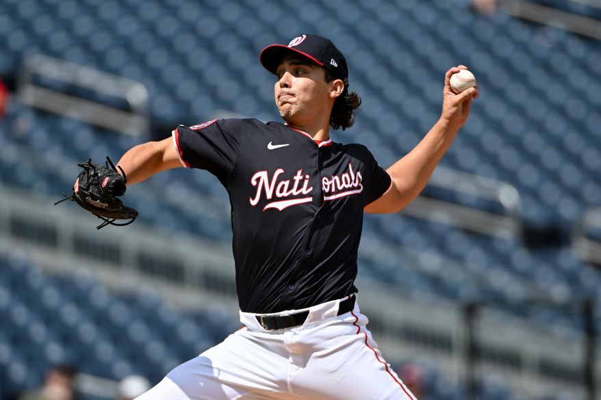 Washington Nationals starting pitcher Andrew Alvarez (54) throwing a pitch during the first inning of an MLB game against the Miami Marlins at Nationals Park in Washington D.C., September 1, 2025. (Photo by All-Pro Reels for Washington Times Sports)