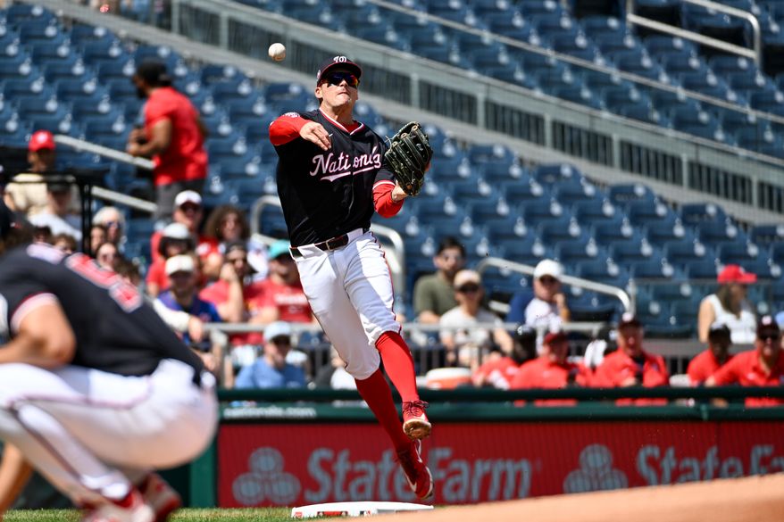 Washington Nationals third baseman Brady House (55) making the throw to first after fielding a ground ball off the bat of Miami Marlins catcher Agustin Ramirez (50) during the first inning of an MLB game at Nationals Park in Washington D.C., September 1, 2025. (Photo by All-Pro Reels for Washington Times Sports)