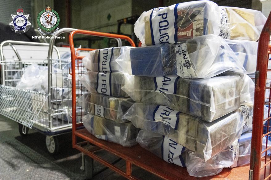 This photo released by the Australian Federal Police, shows a cache of cocaine concealed found behind a false wall of a shipping container at a Sydney Port, on Aug. 31, 2025. (Australian Federal Police via AP)