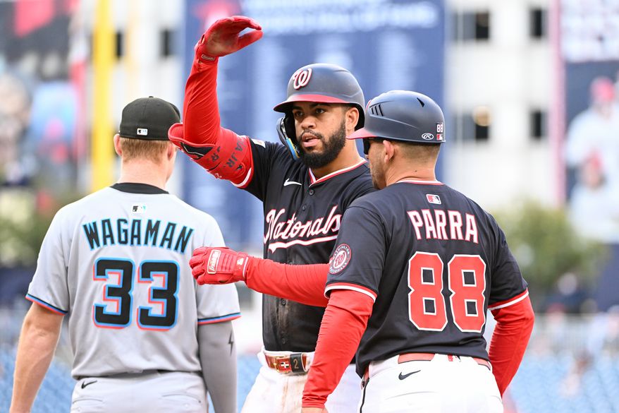 Washington Nationals second baseman Luis Garcia (2) standing on first after hitting a single during the fourth inning of an MLB game against the Miami Marlins at Nationals Park in Washington D.C., September 1, 2025. (Photo by All-Pro Reels for Washington Times Sports)