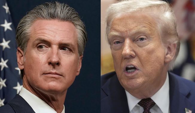 FILE - President Donald Trump, right, speaks during a cabinet meeting, Aug. 26, 2025, at the White House in Washington and California Gov. Gavin Newsom is seen at a press conference in Sacramento, Calif., Aug. 21, 2025. (AP Photo/Mark Schiefelbein, File)