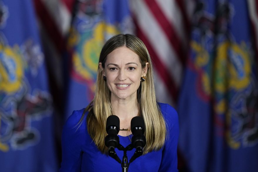 FILE - Scranton Mayor Paige Cognetti speaks during a President Joe Biden campaign event in Scranton, Pa., April 16, 2024. (AP Photo/Matt Rourke, File)