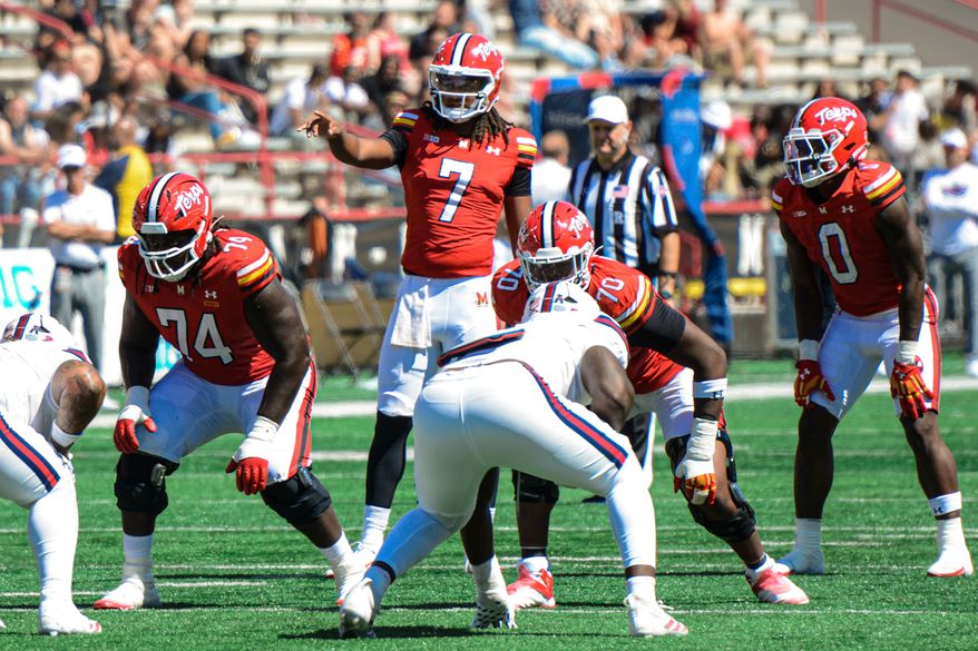 Maryland quarterback Malik Washington leads the offense in a game against Florida Atlantic, Saturday, Aug. 30, 2025, in College Park, Maryland. (Neil Dalal/All-Pro Reels).