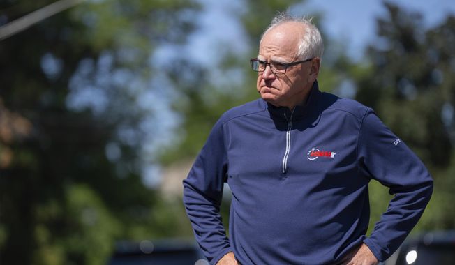Minnesota Gov. Tim Walz waits for a press conference to start outside Annunciation Church after a shooting earlier in Minneapolis, Wednesday, Aug. 27, 2025. (Alex Kormann/Star Tribune via AP) ** FILE **