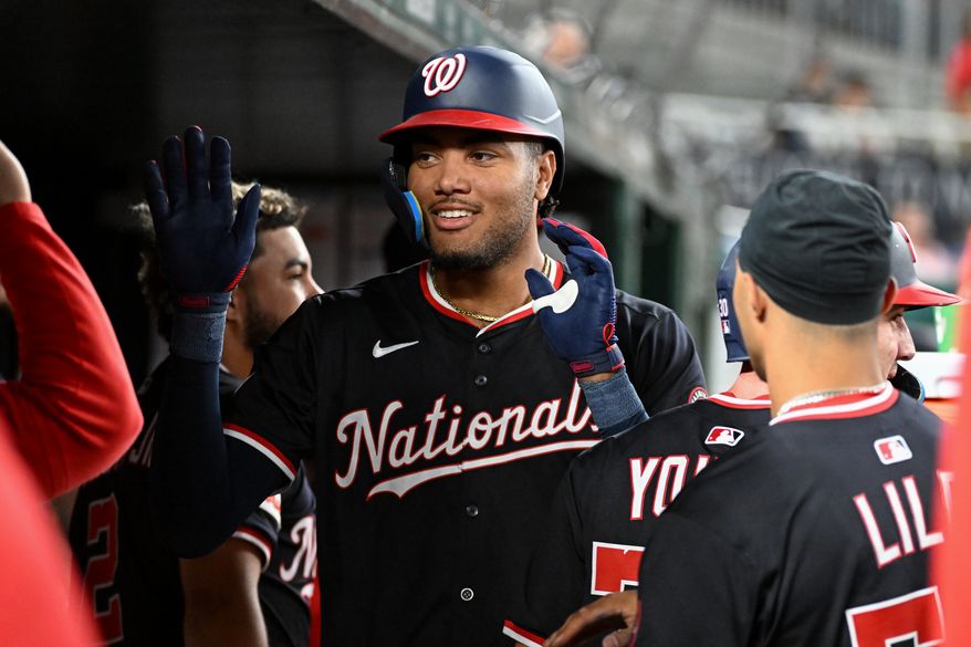 Washington Nationals left fielder James Wood (29) in the dugout after hitting a home run during the fourth inning of an MLB game against the Miami Marlins at Nationals Park in Washington D.C., September 2, 2025. (Photo by All-Pro Reels for Washington Times Sports)