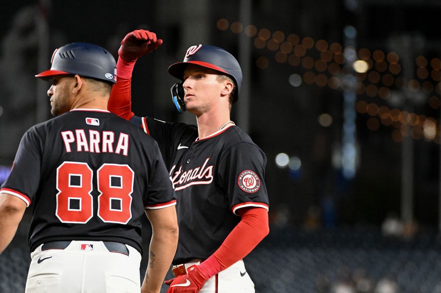 Washington Nationals center fielder Robert Hassell III (57) on first base after hitting a single during the sixth inning of an MLB game against the Miami Marlins at Nationals Park in Washington D.C., September 2, 2025. (Photo by All-Pro Reels for Washington Times Sports)