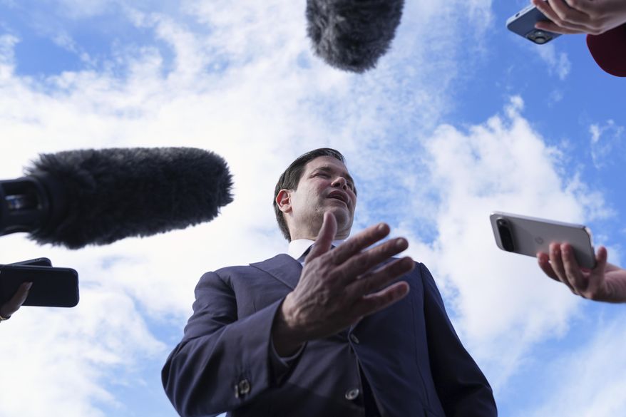 Secretary of State Marco Rubio speaks to reporters before boarding his plane at Homestead Air Reserve Base in Homestead, Fla., en route to Mexico City, Tuesday, Sept. 2, 2025. (AP Photo/Jacquelyn Martin, pool)