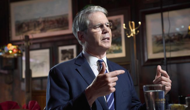 Treasury Secretary Scott Bessent interviews with Fox News during a visit to Martin's Tavern, Monday, Sept. 1, 2025, in the Georgetown neighborhood of Washington, during an area restaurant tour about no taxes on tips and overtime. (AP Photo/Jacquelyn Martin) ** FILE **