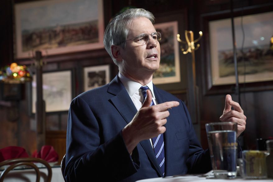 Treasury Secretary Scott Bessent interviews with Fox News during a visit to Martin's Tavern, Monday, Sept. 1, 2025, in the Georgetown neighborhood of Washington, during an area restaurant tour about no taxes on tips and overtime. (AP Photo/Jacquelyn Martin) ** FILE **