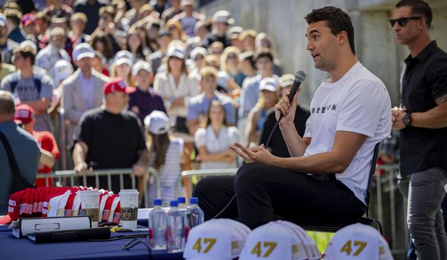Charlie Kirk speaks before he is shot during Turning Point's visit to Utah Valley University in Orem, Utah, Wednesday, Sept. 10, 2025. (Tess Crowley/The Deseret News via AP)