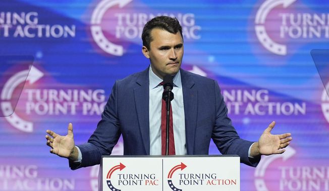 Turning Point USA Founder Charlie Kirk speaks during a campaign rally, Oct. 24, 2024, in Las Vegas. Kirk died from a sniper's bullet on Sept. 10, 2025, in Utah. (AP Photo/John Locher, File)