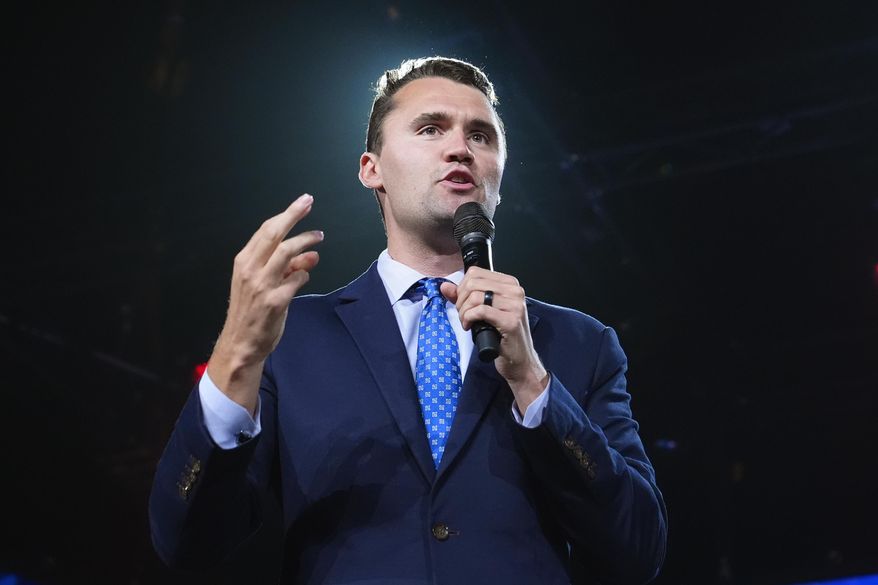 Turning Point USA Founder Charlie Kirk speaks at a Turning Point event prior to Republican vice presidential nominee Sen. JD Vance, R-Ohio, speaking, Sept. 4, 2024, in Mesa, Ariz. (AP Photo/Ross D. Franklin) **FILE**