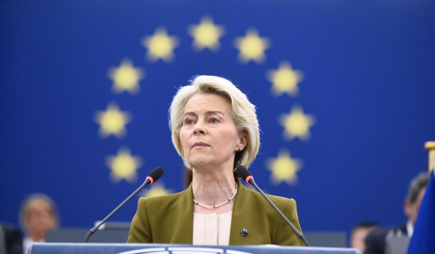 European Commission President Ursula von der Leyen gestures as she delivers a major state of the union speech at the European Parliament in Strasbourg, eastern France, Wednesday, Sept. 10, 2025. (AP Photo/Pascal Bastien) ** FILE **