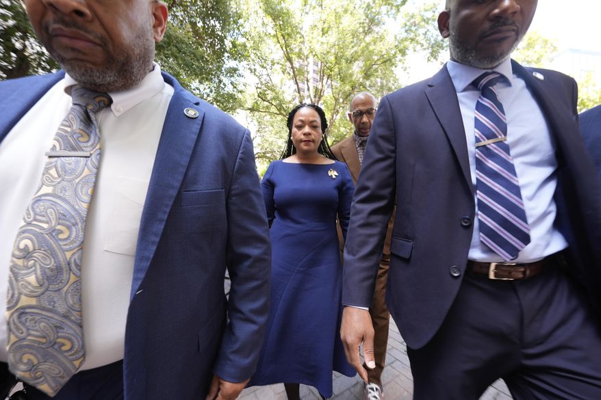 New Orleans Mayor Latoya Cantrell arrives at federal court for her arraignment in New Orleans, Wednesday, Sept. 10, 2025. (AP Photo/Gerald Herbert)