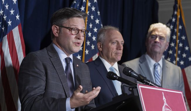 From left, Speaker of the House Mike Johnson, R-La., House Majority Leader Steve Scalise, R-La., and House Majority Whip Tom Emmer, R-Minn., speak during a news conference at the Republican National Committee headquarters in Washington, Tuesday, Sept. 9, 2025. (AP Photo/J. Scott Applewhite) ** FILE **