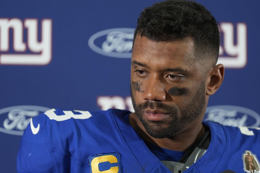 New York Giants quarterback Russell Wilson (3) during a news conference at the end of an NFL football game against the Washington Commanders, Sunday, Sept. 7, 2025, in Landover, Md. Commanders won 21-6. (AP Photo/Stephanie Scarbrough)
