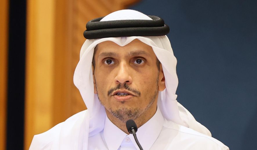 Qatar's Prime Minister Sheikh Mohammed Bin Abdulrahman Al Thani speaks at a press conference in Doha, Qatar, June 12, 2024. (Ibraheem Al Omari/AP File)