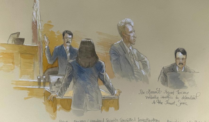 This courtroom sketch shows Secret Service agent Robert Fercano identifying the defendant in the trial of Ryan Routh, who is charged with attempting to assassinate Donald Trump last year at a golf course in South Florida, Thursday, Sept. 11, 2025, in Fort Pierce, Fla. (Lothar Speer via AP)