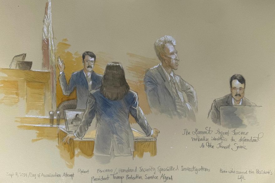 This courtroom sketch shows Secret Service agent Robert Fercano identifying the defendant in the trial of Ryan Routh, who is charged with attempting to assassinate Donald Trump last year at a golf course in South Florida, Thursday, Sept. 11, 2025, in Fort Pierce, Fla. (Lothar Speer via AP)