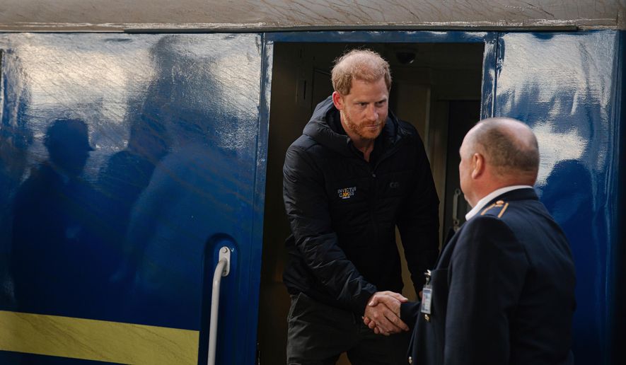In this photo provided by the Railway of Ukraine Ukrzaliznytsia on Friday, Sept. 12, 2025, Britain's Prince Harry arrives on central railway station in Kyiv region, Ukraine. (Railway of Ukraine Ukrzaliznytsia via AP)