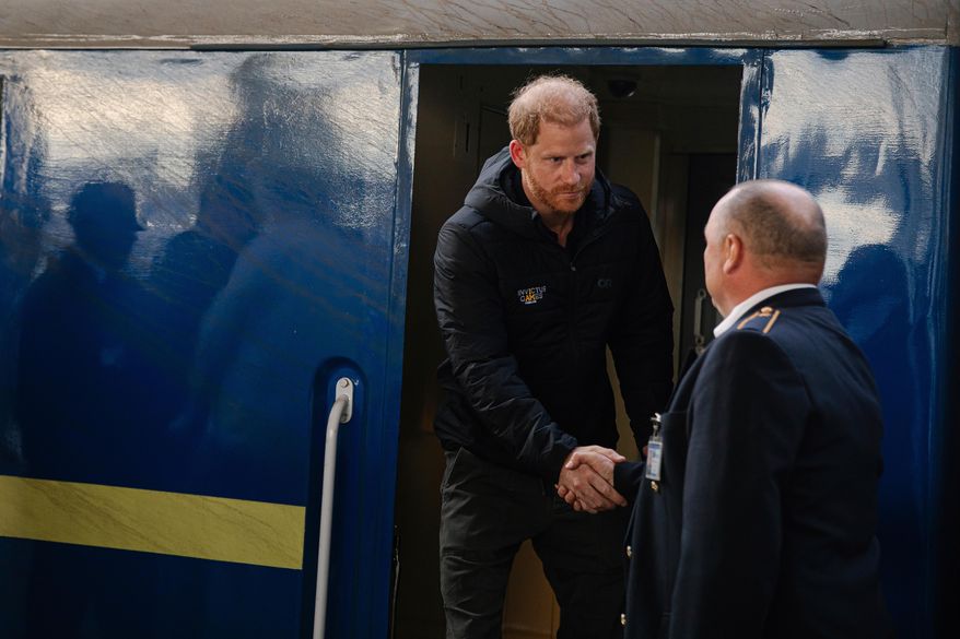 In this photo provided by the Railway of Ukraine Ukrzaliznytsia on Friday, Sept. 12, 2025, Britain's Prince Harry arrives on central railway station in Kyiv region, Ukraine. (Railway of Ukraine Ukrzaliznytsia via AP)