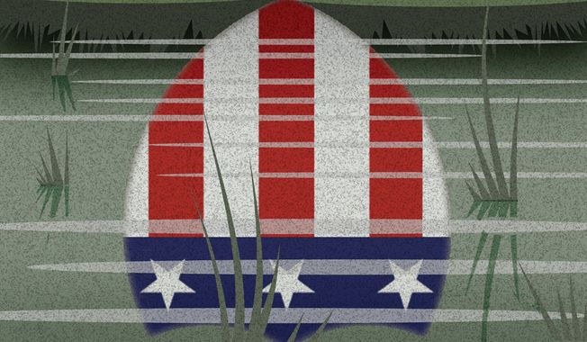 Pentagon's national security and defense tehcnology modernization upside down illustration by Alexander Hunter/The Washington Times