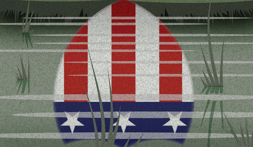 Pentagon's national security and defense tehcnology modernization upside down illustration by Alexander Hunter/The Washington Times