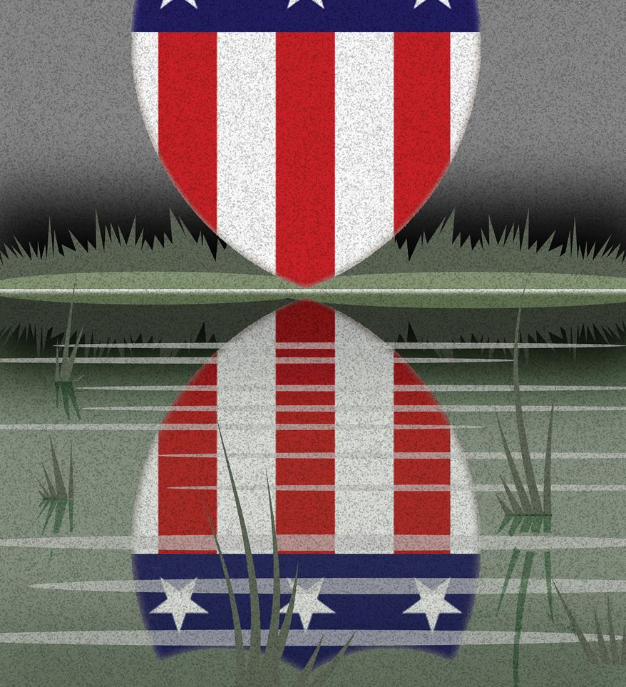 Pentagon's national security and defense tehcnology modernization upside down illustration by Alexander Hunter/The Washington Times