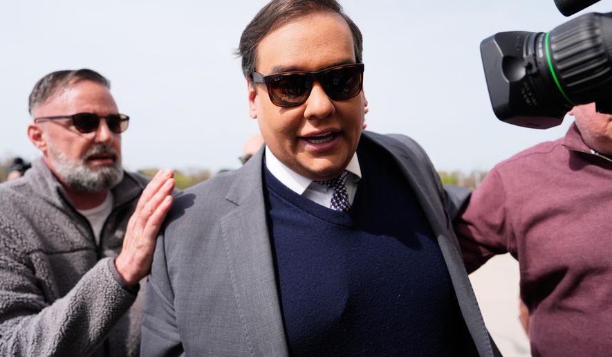 FILE - Former U.S. Rep. George Santos arrives at federal court for sentencing, April 25, 2025, in Central Islip, N.Y. (AP Photo/Julia Demaree Nikhinson, File)