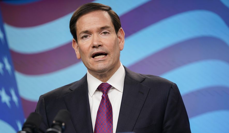 U.S. Secretary of State Marco Rubio speaks during a joint press conference with Israeli Prime Minister Benjamin Netanyahu (not pictured) at the Prime Minister's Office, during his visit, in Jerusalem, Monday, Sept. 15, 2025. (Nathan Howard/Pool Photo via AP)