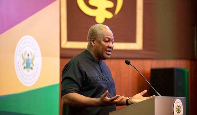 Ghana's President John Mahama speaks to the media at the Jubilee House in Accra, Ghana, Sept. 10, 2025. (Ghana Presidency via AP, File)