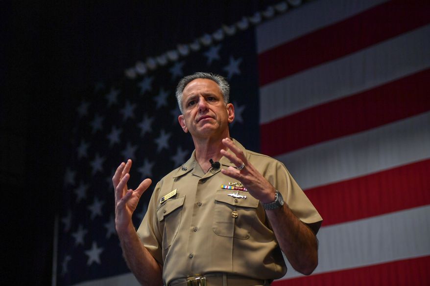Chief of Naval Personnel (CNP), Vice Adm. Robert Burke emphasizes the importance of the retention program during an all hands call at the Naval Base Kitsap Bremerton Gym. Burke spoke to Sailors about the upcoming changes in the Navy and how the changes can affect Sailors for the better. (U.S. Navy photo by Mass Communication Specialist 3rd Class Charles D. Gaddis IV/Released)