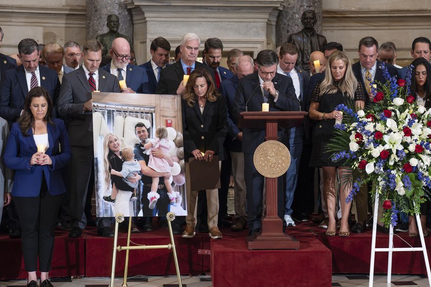 Speaker of the House Mike Johnson, R-La., leads a memorial vigil to honor conservative activist Charlie Kirk who was shot and killed at an event in Utah last week, at the Capitol in Washington, Monday, Sept. 15, 2025. (AP Photo/J. Scott Applewhite)