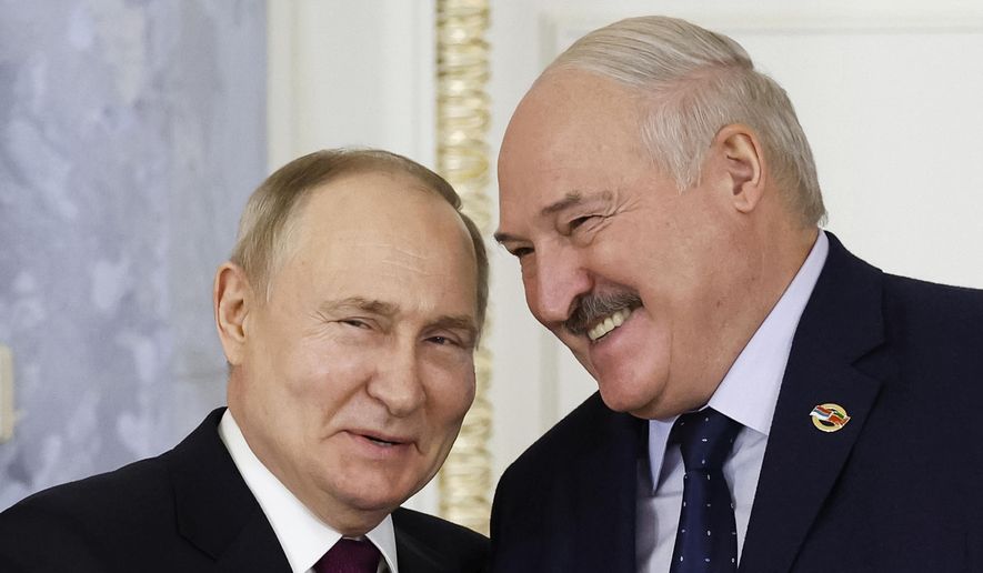 Russian President Vladimir Putin, left, and Belarusian President Alexander Lukashenko meet in St. Petersburg, Russia, Jan. 29, 2024. (Dmitry Astakhov, Sputnik, Government Pool Photo via AP, File)