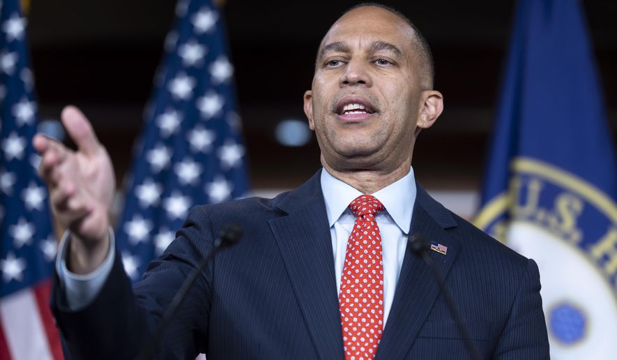 House Minority Leader Hakeem Jeffries, D-N.Y., tells reporters that Republicans are jeopardizing health care for Americans with their policies and their strategy to fund the government before the deadline at the end of the month, at the Capitol in Washington, Tuesday, Sept. 16, 2025. (AP Photo/J. Scott Applewhite)