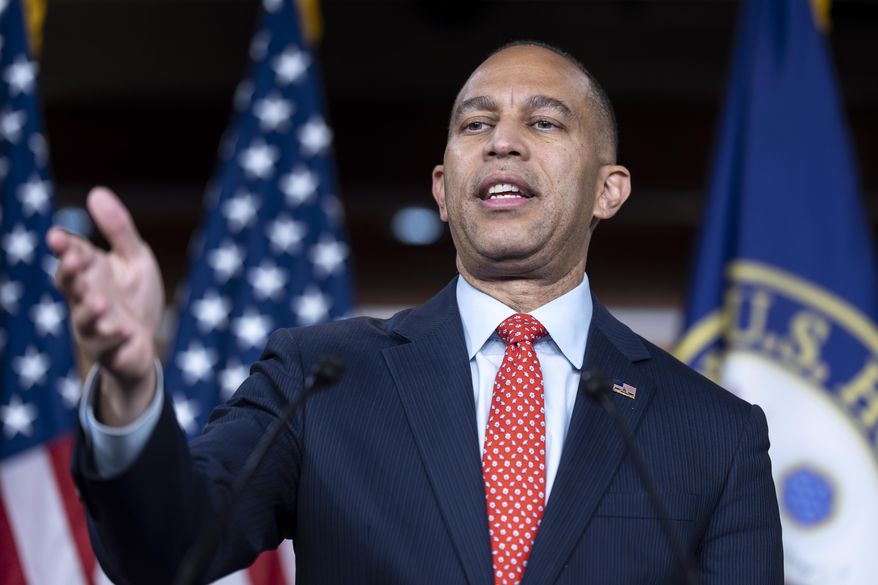 House Minority Leader Hakeem Jeffries, D-N.Y., tells reporters that Republicans are jeopardizing health care for Americans with their policies and their strategy to fund the government before the deadline at the end of the month, at the Capitol in Washington, Tuesday, Sept. 16, 2025. (AP Photo/J. Scott Applewhite)