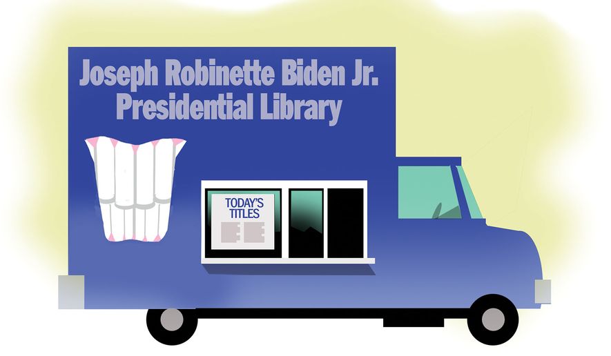Joe Biden's Presidential Library bookmobile illustration by Alexander Hunter/The Washington Times