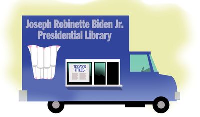 Joe Biden's Presidential Library bookmobile illustration by Alexander Hunter/The Washington Times