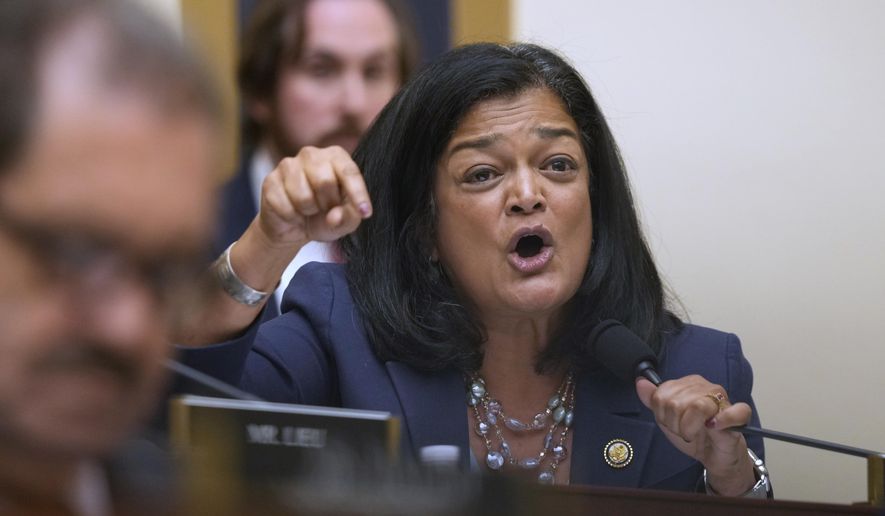 Rep. Pramila Jayapal, D-Wash., speaks with FBI Director Kash Patel as he appears before the House Judiciary Committee, on Capitol Hill in Washington, Wednesday, Sept. 17, 2025. (AP Photo/Mark Schiefelbein) **FILE**
