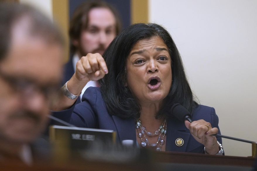 Rep. Pramila Jayapal, D-Wash., speaks with FBI Director Kash Patel as he appears before the House Judiciary Committee, on Capitol Hill in Washington, Wednesday, Sept. 17, 2025. (AP Photo/Mark Schiefelbein) **FILE**