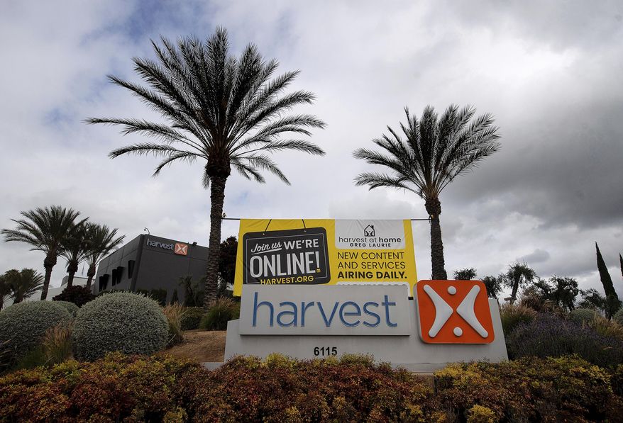 An exterior of Harvest Christian Fellowship church is seen on April, 5, 2020, in Riverside, Calif. (Cindy Yamanaka/The Orange County Register via AP)
