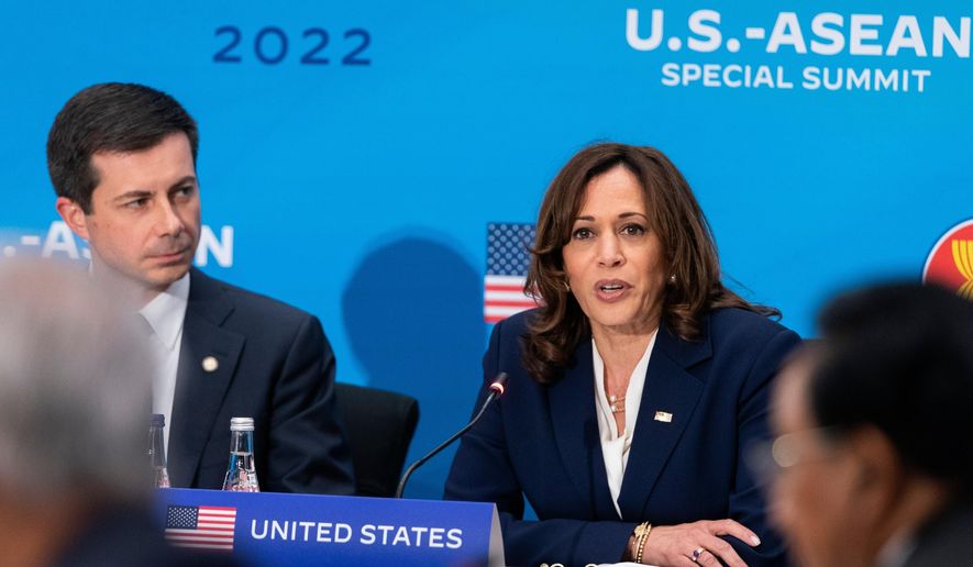 Then-Vice President Kamala Harris, right, next to Transportation Secretary Pete Buttigieg, speaks during a plenary session of the US-ASEAN Summit, May 13, 2022, at the State Department in Washington. (AP Photo/Jacquelyn Martin, File)